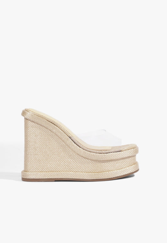 Dalle Vinyl Raffia Wedge Sandal 5 Beige Synthetic - Schutz Shoes