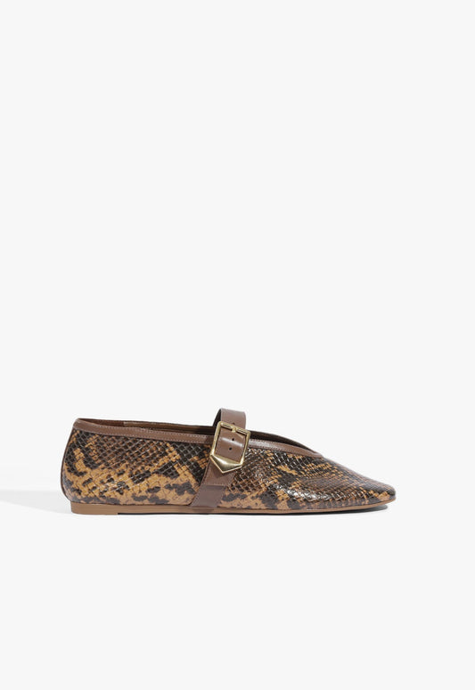 Vick Buckle Leather Ballet Flat 5 Pecan Brown Snake - Schutz Shoes